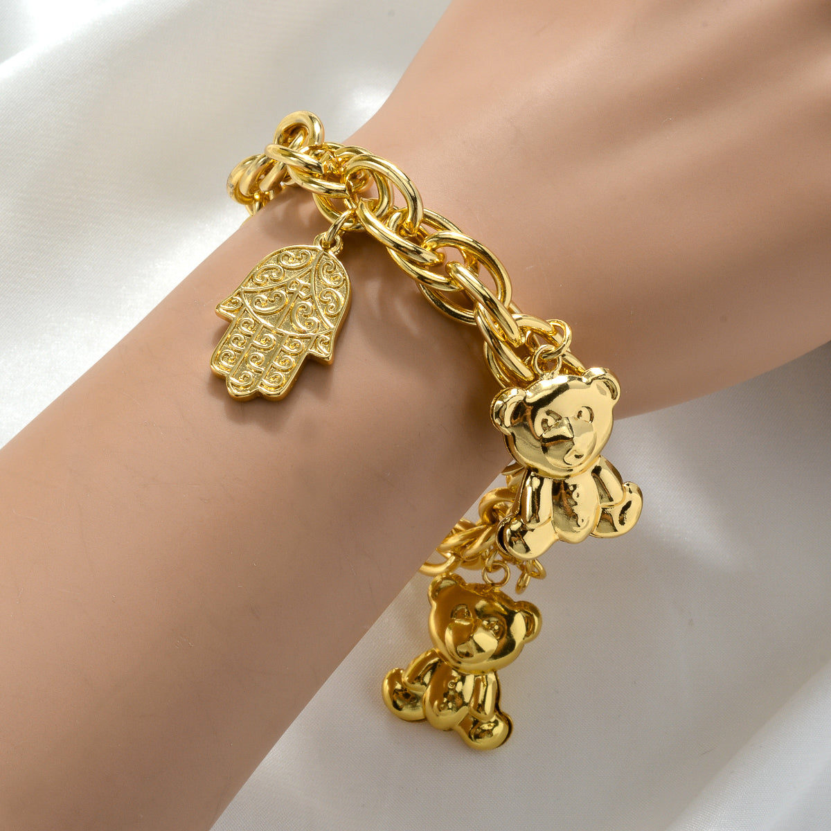 NEW Arrived bear and khamsah 14k Gold Plated Link Chain Charm Bracelet