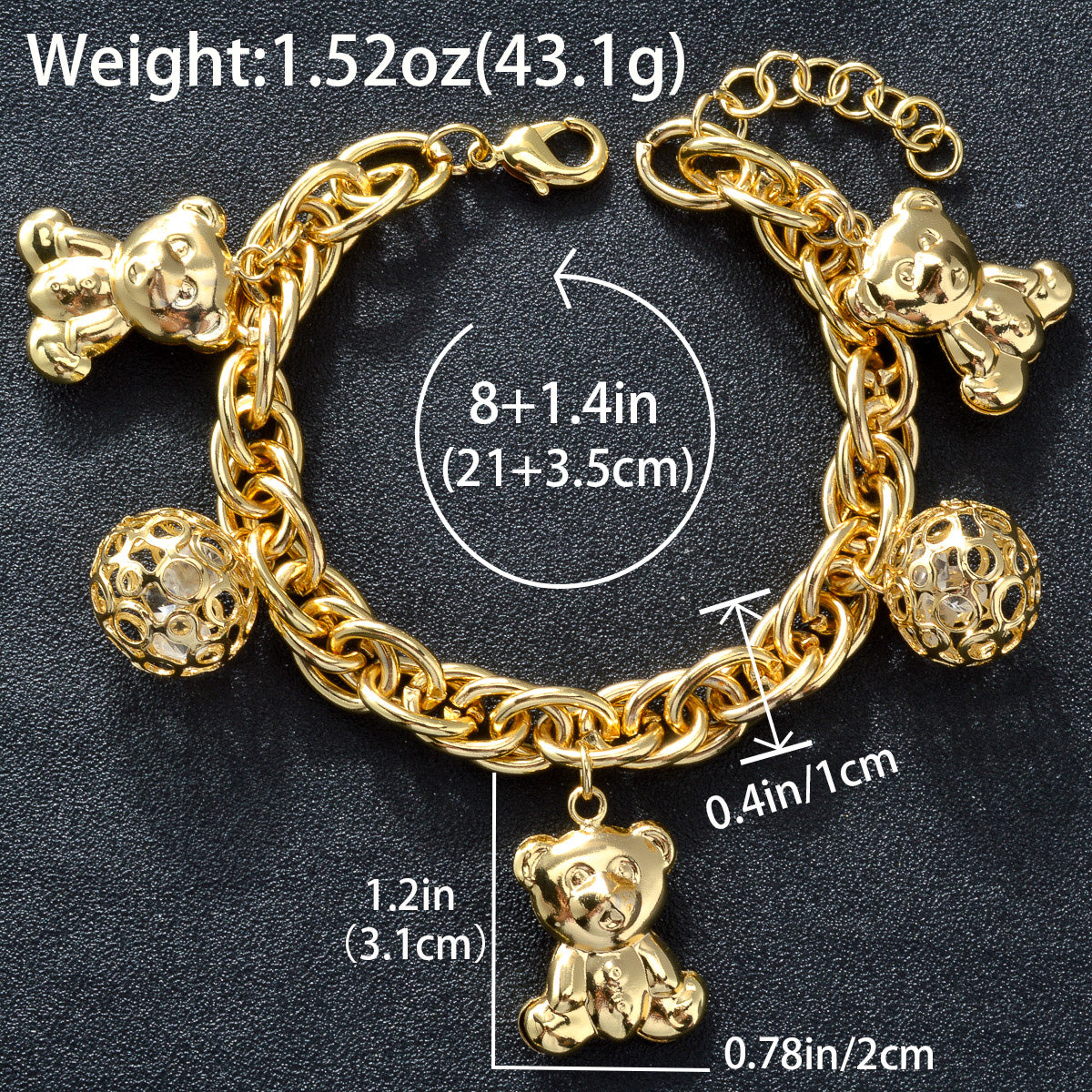 Zeadear jewelry 14k gold plated Balls and bears charm bracelet