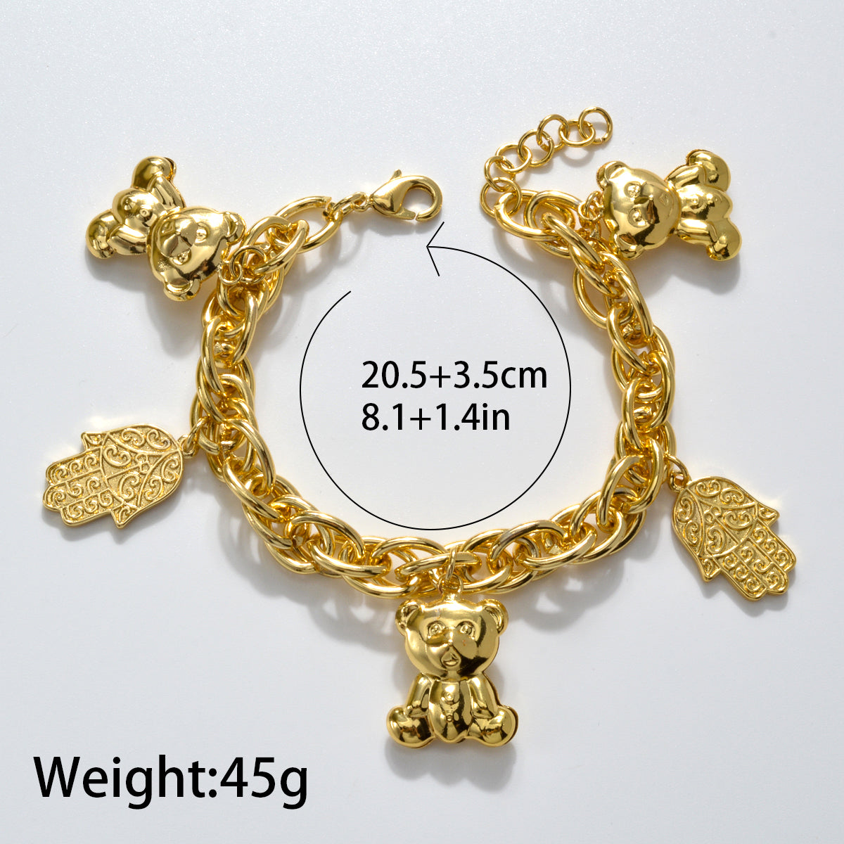 NEW Arrived bear and khamsah 14k Gold Plated Link Chain Charm Bracelet