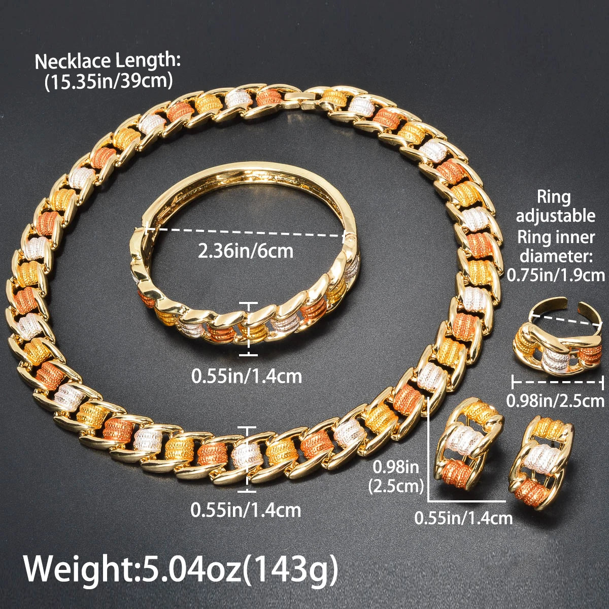 Fashion Dubai Luxury 14K Gold Plated bracelet necklace ring earring Jewelry Set