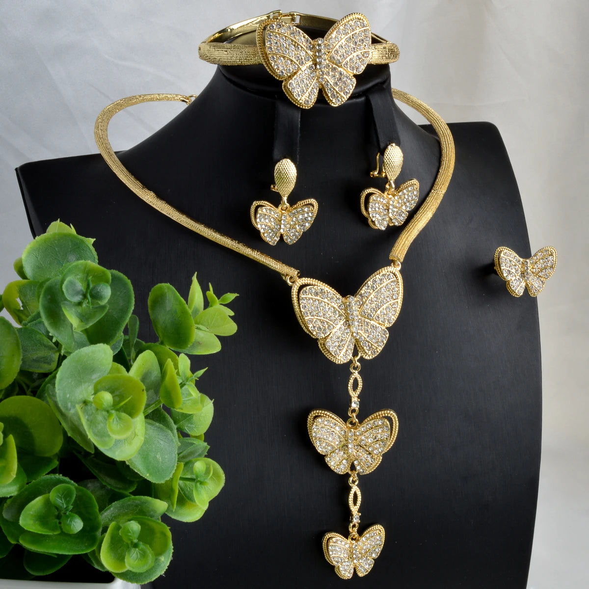 Luxury jewelry 18K Gold Plated Zircon Necklace Earrings Ring Bracelet butterfly shining jewelry sets for women