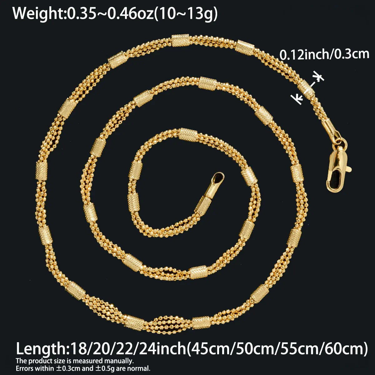 Textured Beaded Tube Link Necklace Shiny Gold Tone Copper Chain Unisex Fashion Jewelry Daily Outfit Wedding Anniversary Gift