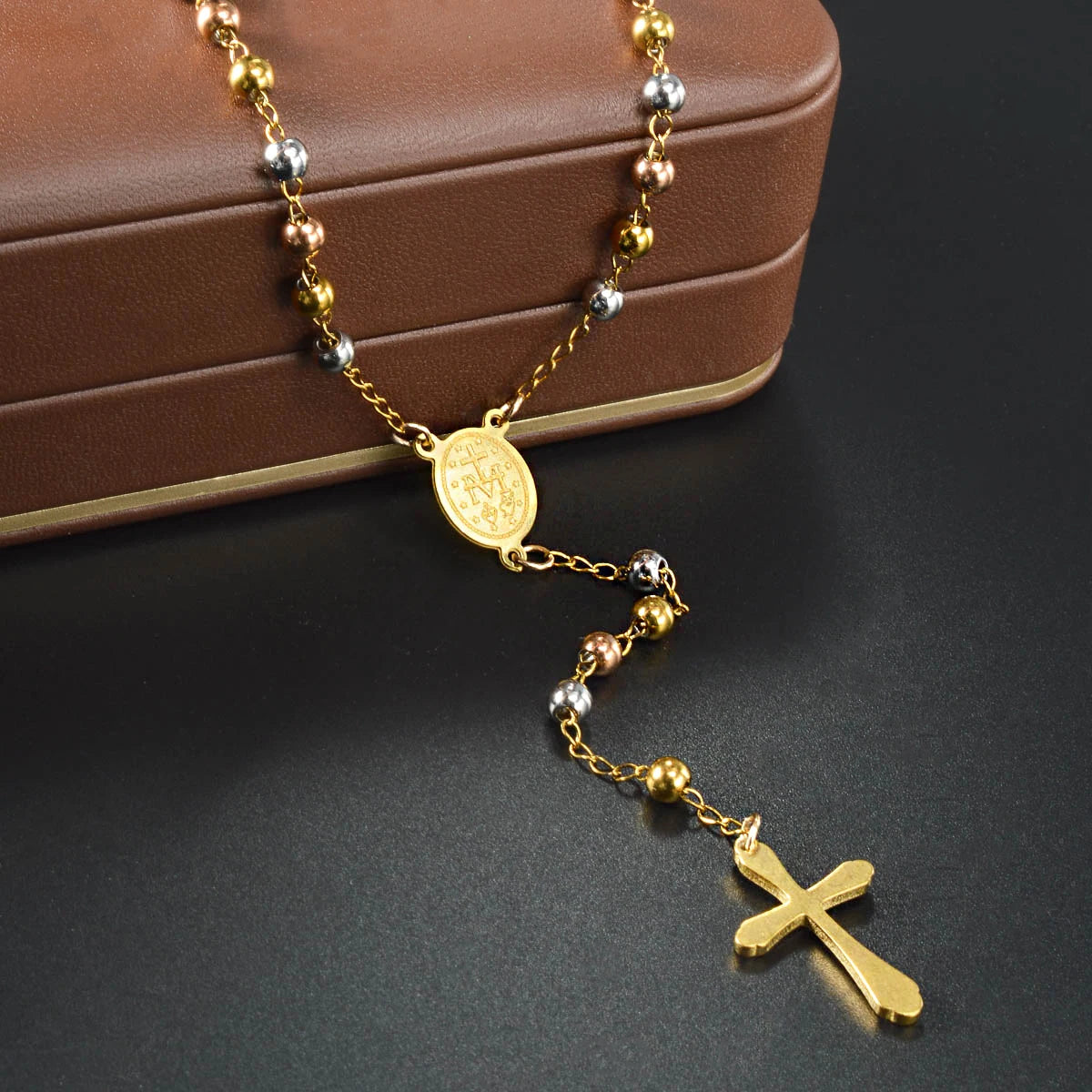 Pendant Beaded Y Drop Cross Necklace Waterproof Stainless Steel Long Lariat Chain Women Religious Faith Daily Wear Jewelry
