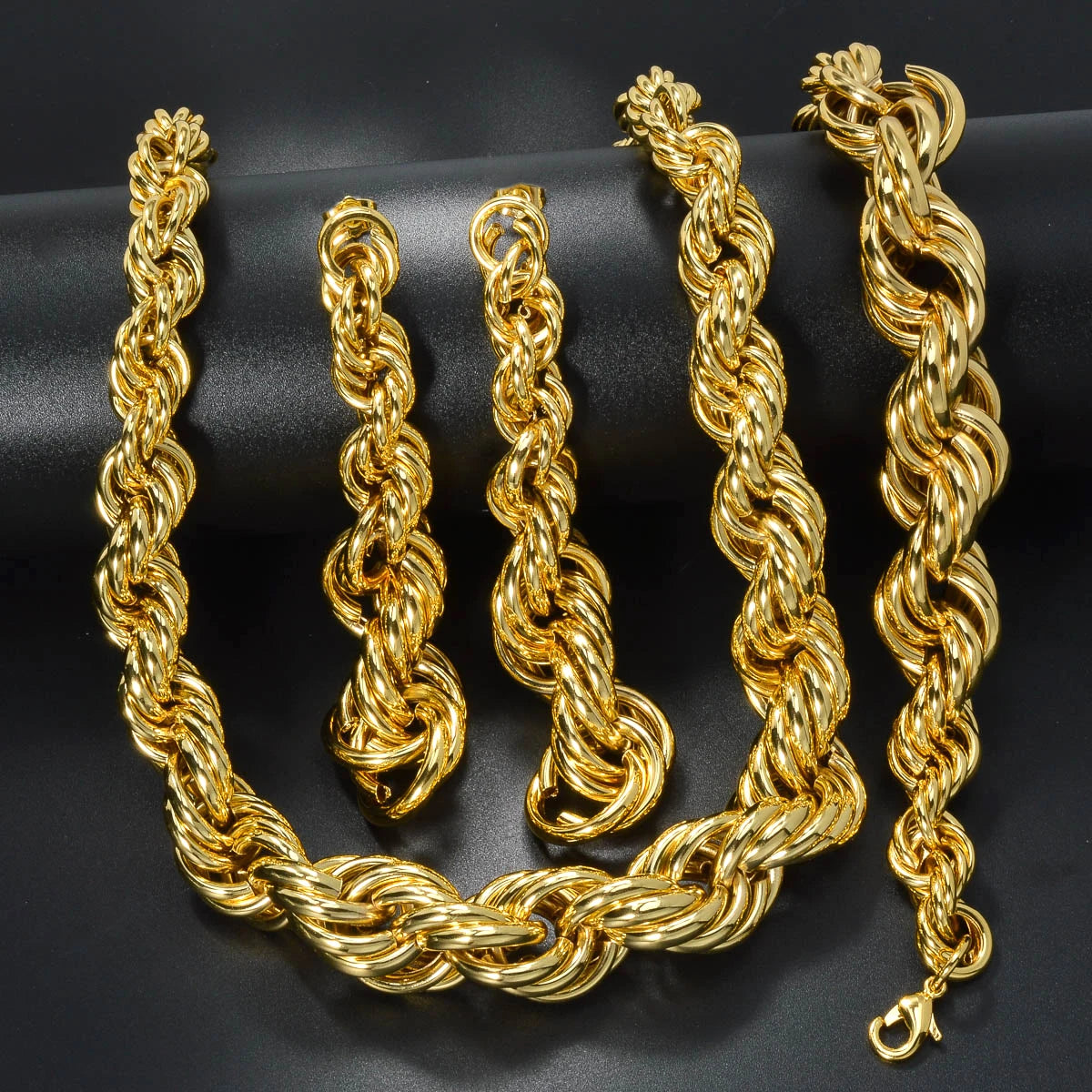 ZEADear Hip Hop Jewelry Set Exaggerated Necklace Thick Bracelet on Hand Punk Earrings Copper Metal Drop Earring