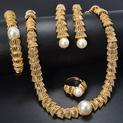 Custom Wholesale Jewellery Fashion Dubai 14k Gold Plated Pearl Zircon Jewelry Set Women