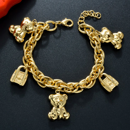 Lock and cute bear 14k Gold Plated Link Chain Charm Bracelet