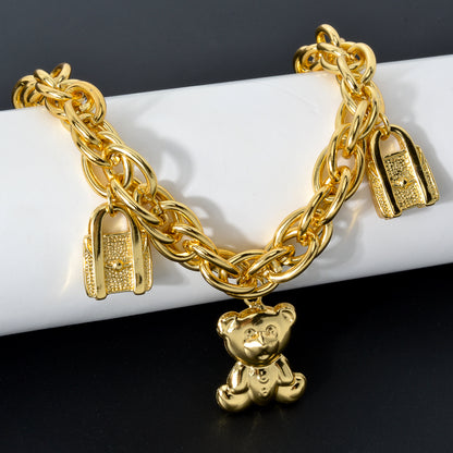 Lock and cute bear 14k Gold Plated Link Chain Charm Bracelet