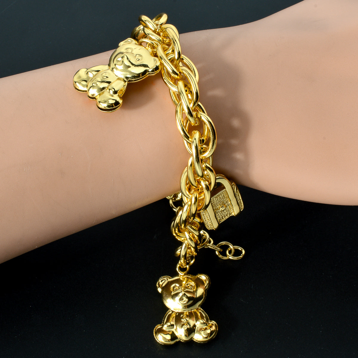 Lock and cute bear 14k Gold Plated Link Chain Charm Bracelet