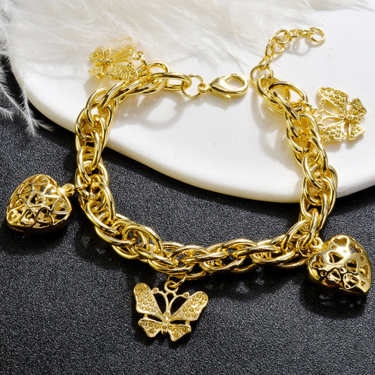 Zeadear jewelry 14k gold plated Hollow heart and butterfly charm bracelet