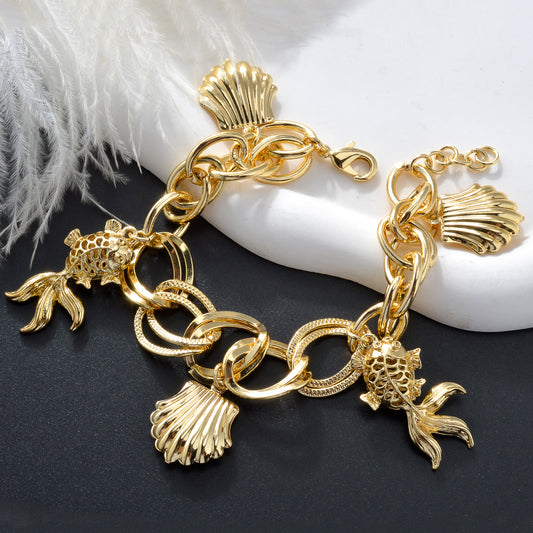 wholesale Goldfish and shells 14k Gold Plated Link Chain Charm Bracelet