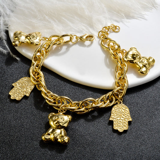 NEW Arrived bear and khamsah 14k Gold Plated Link Chain Charm Bracelet