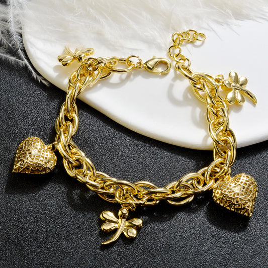 NEW Arrived Love hearts and dragonflies14k Gold Plated Link Chain Charm Bracelet