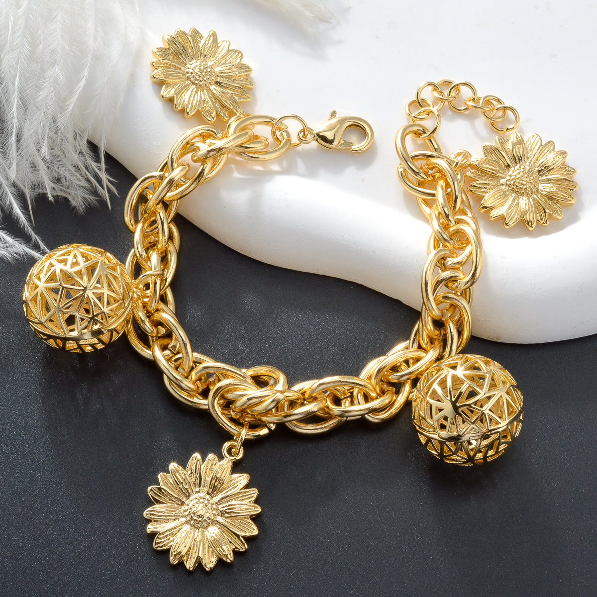 Zeadear jewelry 14k gold plated Balls and flower charm bracelet