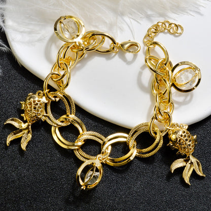 Goldfish and ball zircon 14k Gold Plated Link Chain Charm Bracelet