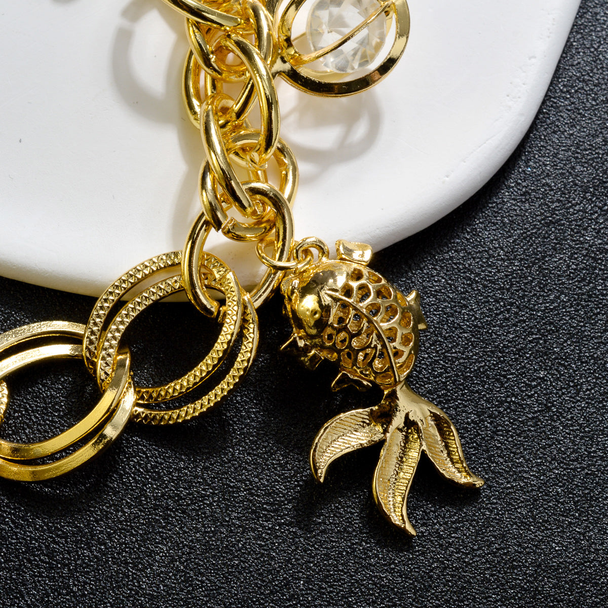 Goldfish and ball zircon 14k Gold Plated Link Chain Charm Bracelet