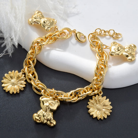 Zeadear jewelry 14k gold plated flower and bear charm bracelet