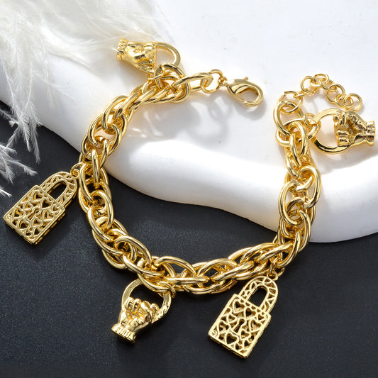 Zeadear jewelry 14k gold plated Fists and locks charm bracelet