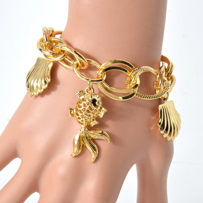 wholesale Goldfish and shells 14k Gold Plated Link Chain Charm Bracelet