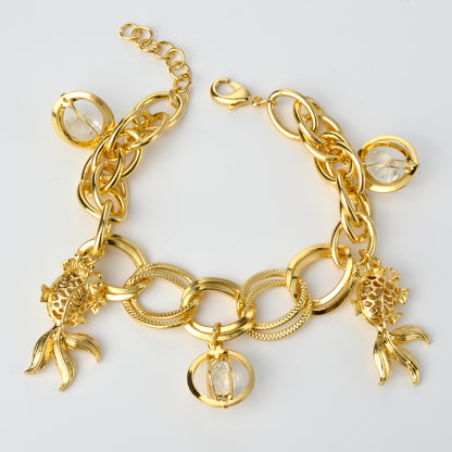 Goldfish and ball zircon 14k Gold Plated Link Chain Charm Bracelet