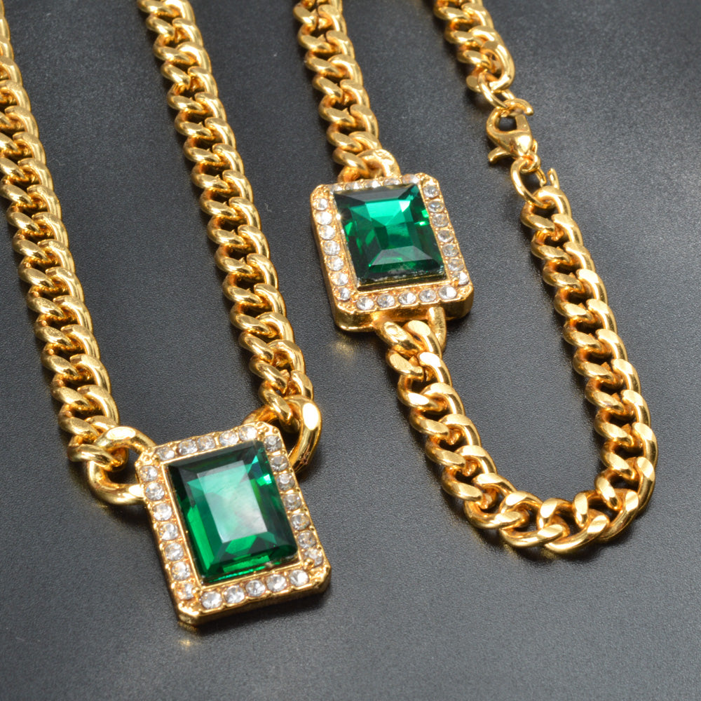 Dubai green zircon gemstone copper 18k gold plated pendants for chain necklace bracelet set