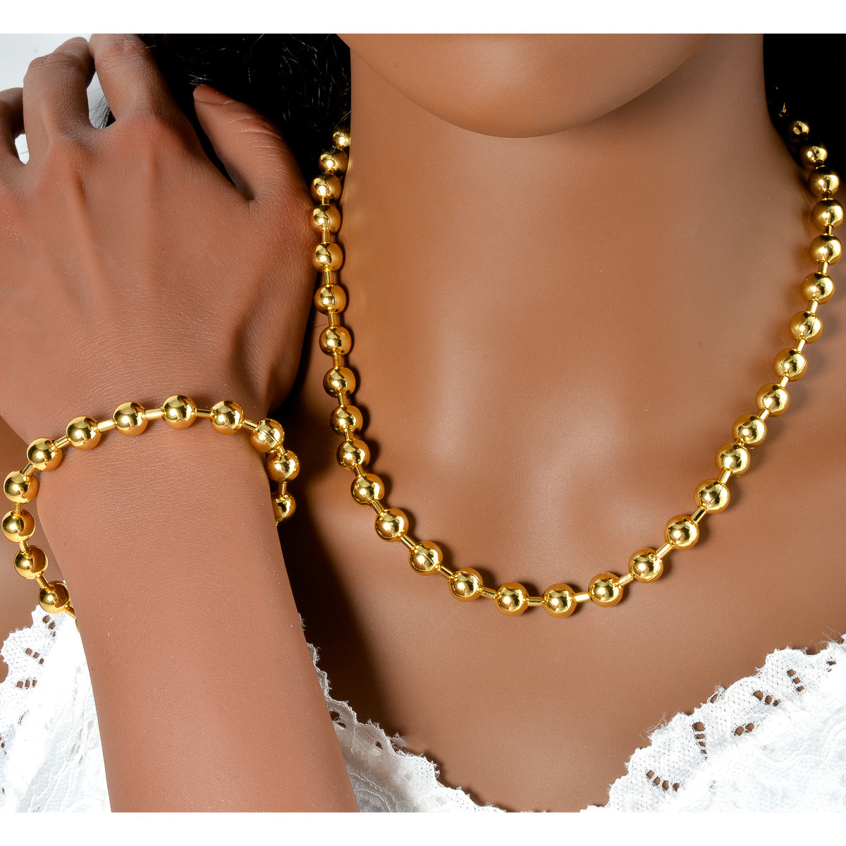 Custom Jewellery 18k Gold Plated Luxury Bridal Wedding Bead Chain Necklace Bracelet Jewelry Sets Women