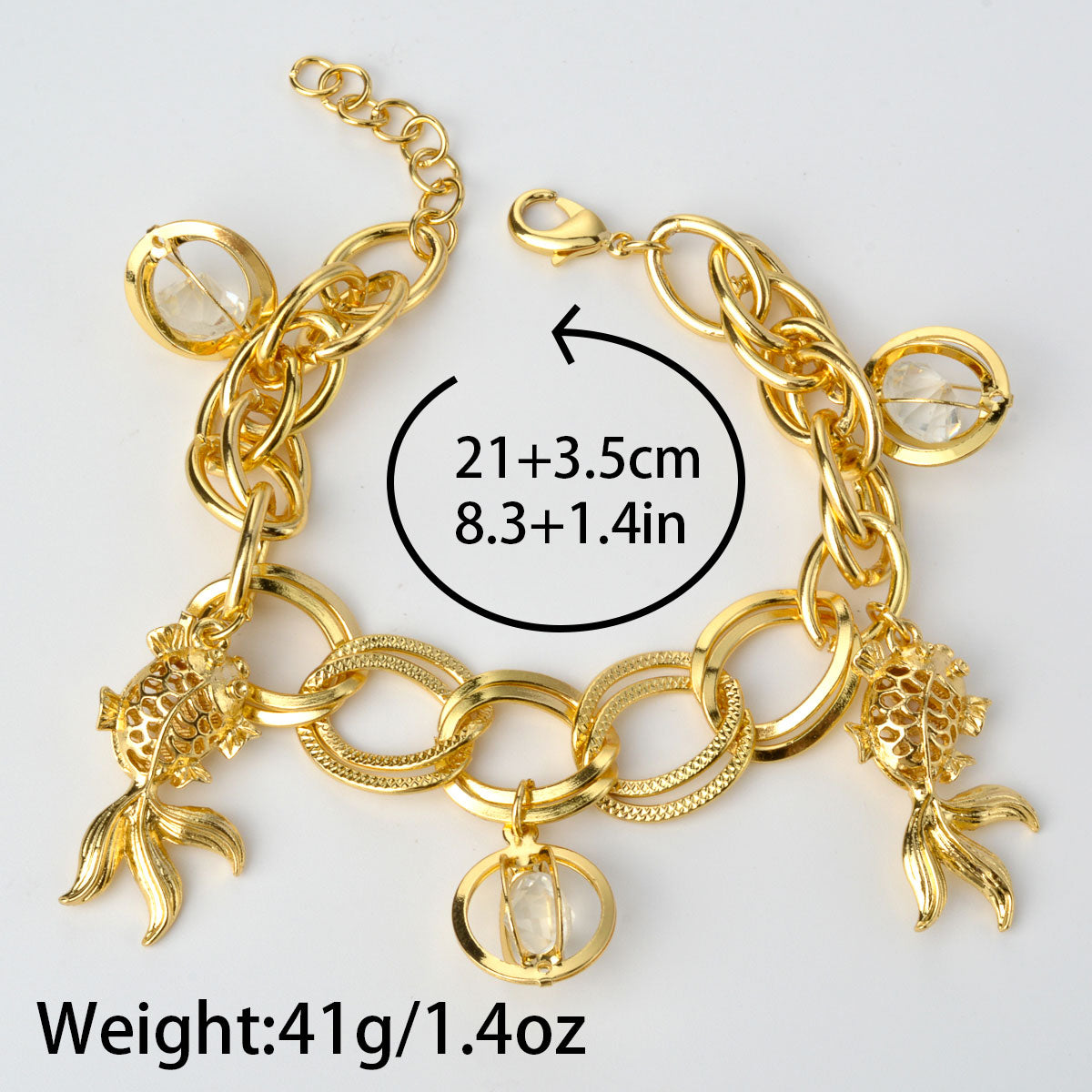 Goldfish and ball zircon 14k Gold Plated Link Chain Charm Bracelet