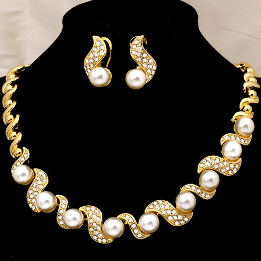 Custom Wholesale Jewellery Fashion Dubai Gold Plated Luxury Bridal Wedding Pearl Zircon Jewelry Set Women