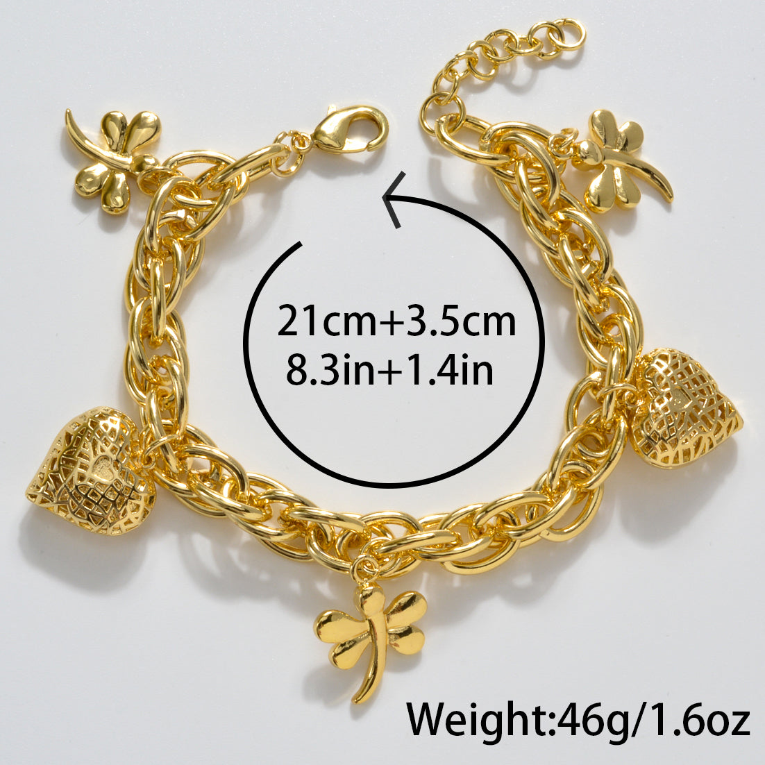 NEW Arrived Love hearts and dragonflies14k Gold Plated Link Chain Charm Bracelet