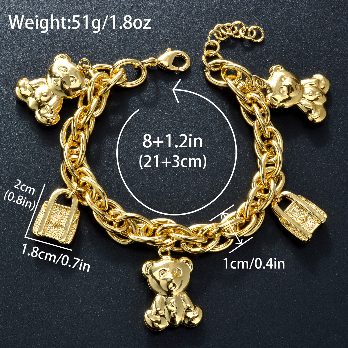 Lock and cute bear 14k Gold Plated Link Chain Charm Bracelet