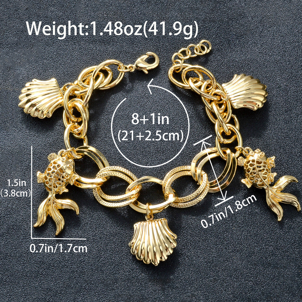 wholesale Goldfish and shells 14k Gold Plated Link Chain Charm Bracelet