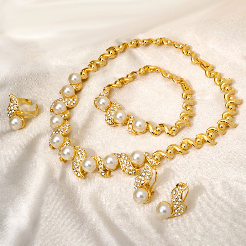 Custom Wholesale Jewellery Fashion Dubai Gold Plated Luxury Bridal Wedding Pearl Zircon Jewelry Set Women