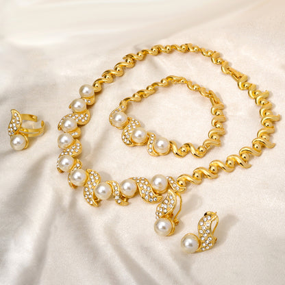 Custom Wholesale Jewellery Fashion Dubai Gold Plated Luxury Bridal Wedding Pearl Zircon Jewelry Set Women