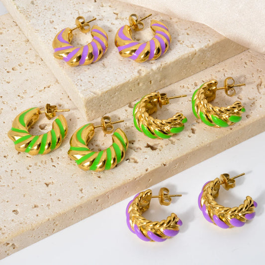 Ins Fashion Wholesale Jewelry Gold Plated Stainless Steel Geometric Earrings No Fade Colorful Enamel C Shaped Drop Earrings