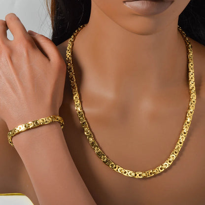 Custom Luxury 18k Gold Plated Copper  link chain Necklace and Bracelet Jewelry Sets Women