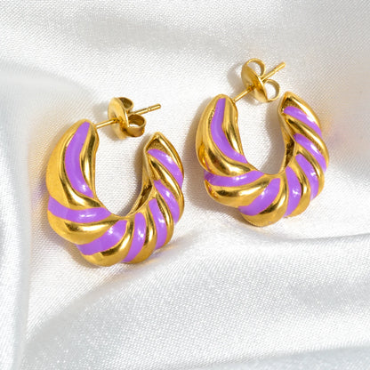 Ins Fashion Wholesale Jewelry Gold Plated Stainless Steel Geometric Earrings No Fade Colorful Enamel C Shaped Drop Earrings