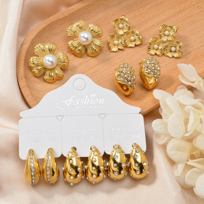 New Arrival Fashion Custom Waterproof 18k Gold Plated Stainless Steel Zircon Pearl Flower Water Drop Earrings Women
