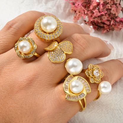 Fashion Simple wholesale Jewelry 18K Gold Plated ball Copper pearl Design Open Adjustable Size zircon Rings Women