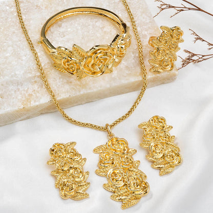 Fashion Dubai Luxury 14K Gold Plated Flower bracelet necklace ring earring Jewelry Set