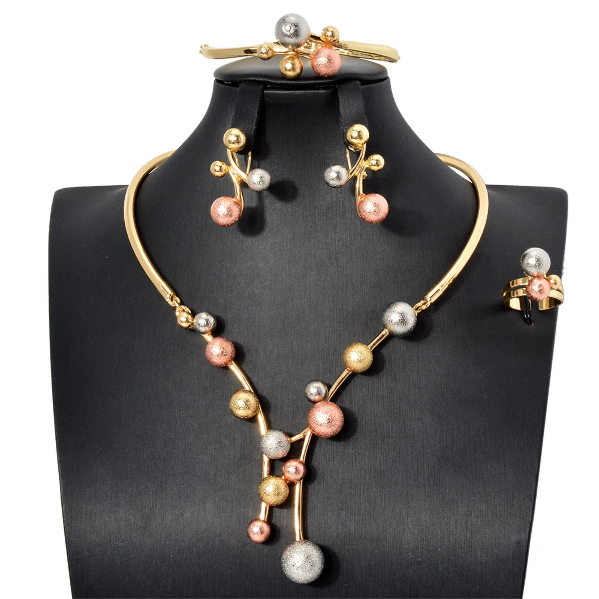 Luxury 4 Piece Womens Full 14K Gold Plated Pictures Ball Necklace And Earrings Jewelry set