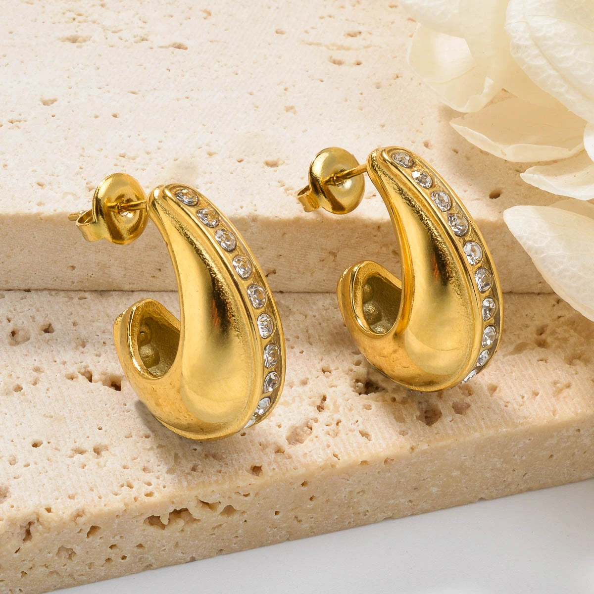 New Arrival Fashion Custom Waterproof 18k Gold Plated Stainless Steel Zircon Pearl Flower Water Drop Earrings Women