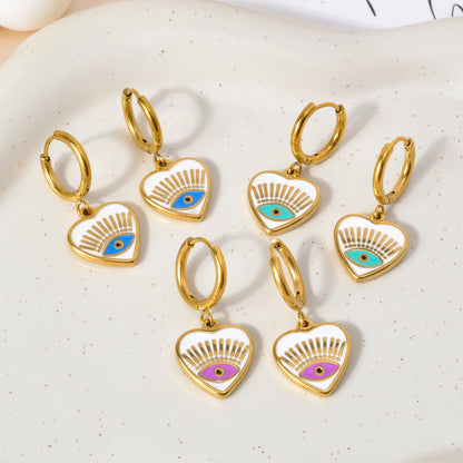Fashion Luxury Jewelry 18K Gold Plated Stainless Steel Geometric Colorful Oil Eye Heart Drop Huggies Earrings women