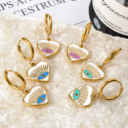 Fashion Luxury Jewelry 18K Gold Plated Stainless Steel Geometric Colorful Oil Eye Heart Drop Huggies Earrings women