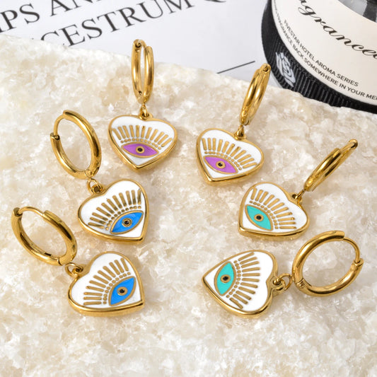 Fashion Luxury Jewelry 18K Gold Plated Stainless Steel Geometric Colorful Oil Eye Heart Drop Huggies Earrings women