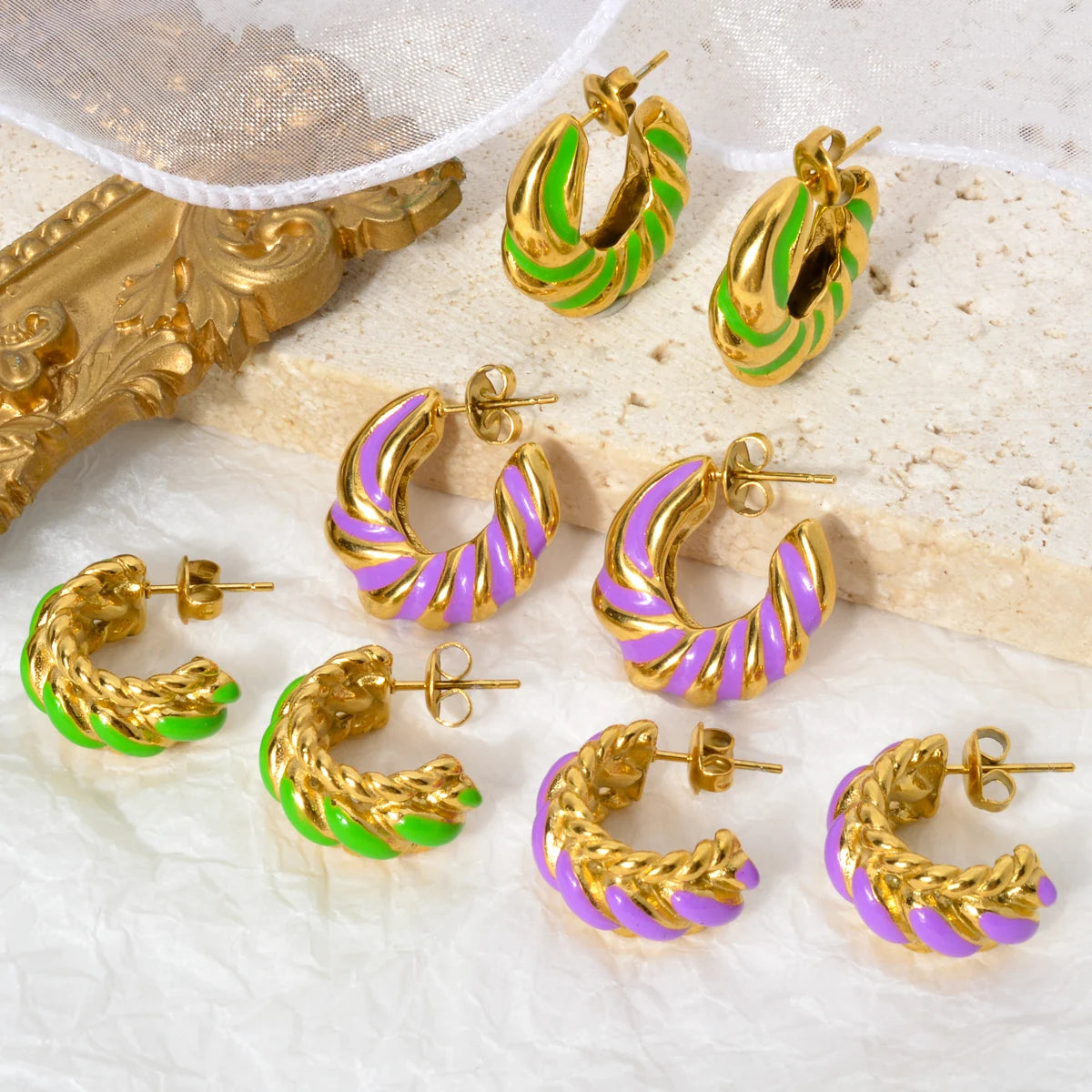 Ins Fashion Wholesale Jewelry Gold Plated Stainless Steel Geometric Earrings No Fade Colorful Enamel C Shaped Drop Earrings