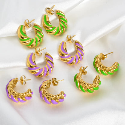 Ins Fashion Wholesale Jewelry Gold Plated Stainless Steel Geometric Earrings No Fade Colorful Enamel C Shaped Drop Earrings
