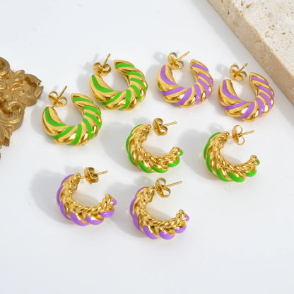 Ins Fashion Wholesale Jewelry Gold Plated Stainless Steel Geometric Earrings No Fade Colorful Enamel C Shaped Drop Earrings