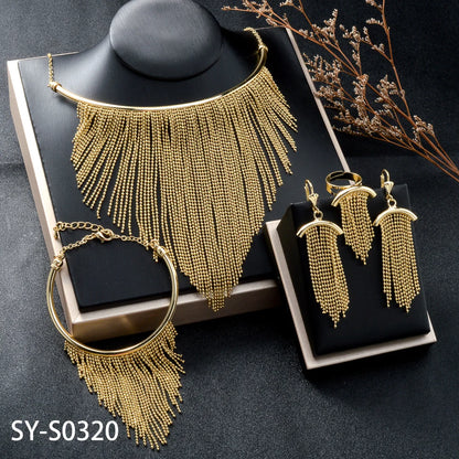 Fashion jewelry 18k Gold Plated Tassels Earring Necklace Bracelet Wedding Bride jewelry Sets For Women