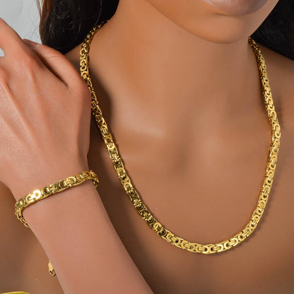 Custom Luxury 18k Gold Plated Copper  link chain Necklace and Bracelet Jewelry Sets Women