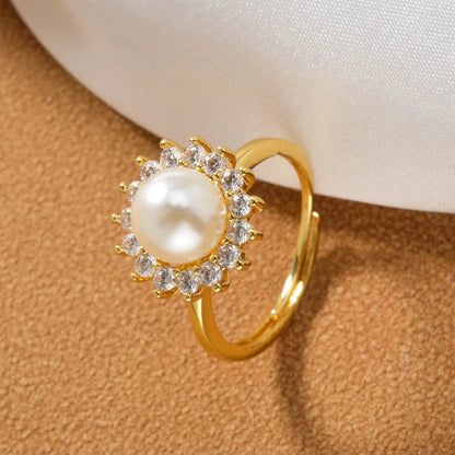 Fashion Simple wholesale Jewelry 18K Gold Plated ball Copper pearl Design Open Adjustable Size zircon Rings Women