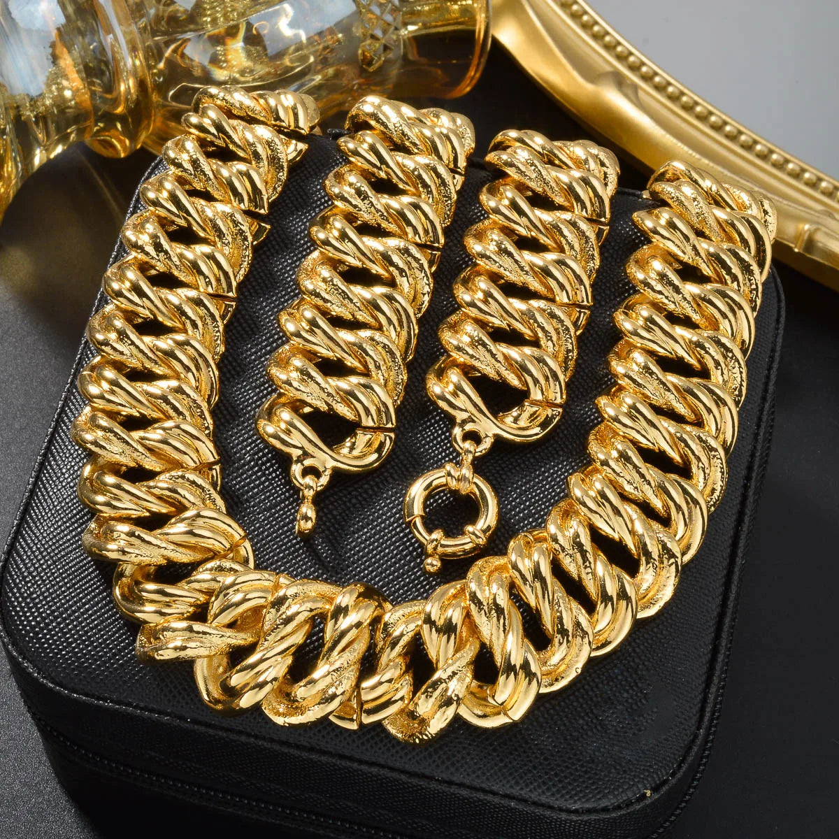 Custom Luxury 18k Gold Plated Copper chunky link chain Necklace and Bracelet Jewelry Sets Women